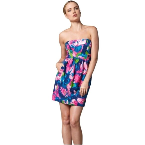 Shoshanna Strapless Mini Dress In Floral Watercolor Silk Blend Pink Blue Size 8 - Picture 1 of 7